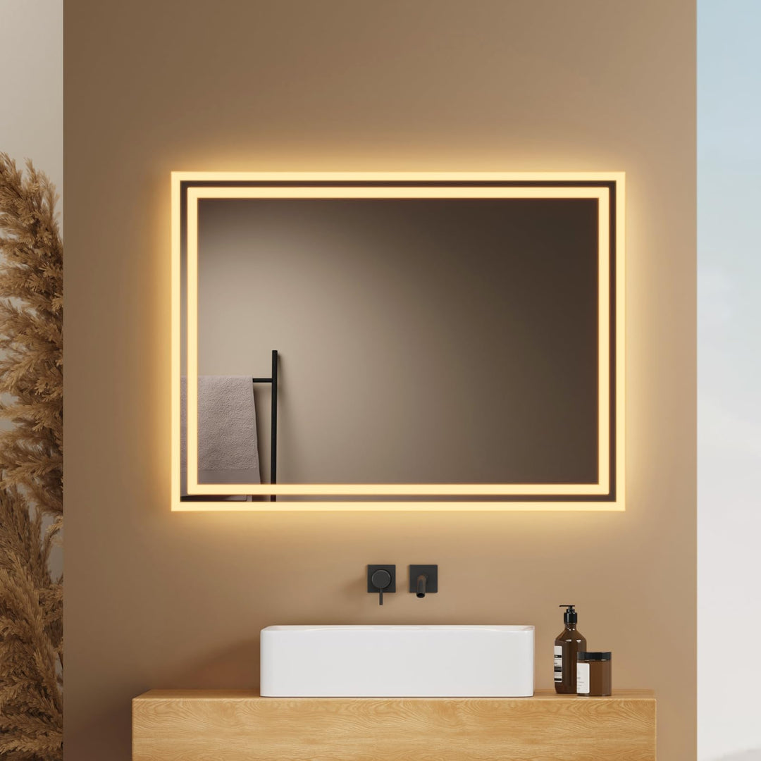 EMKE Badspiegel mit Beleuchtung 80x60cm, Badezimmerspiegel mit Warmweiss Licht 3000K, Wandschalter,