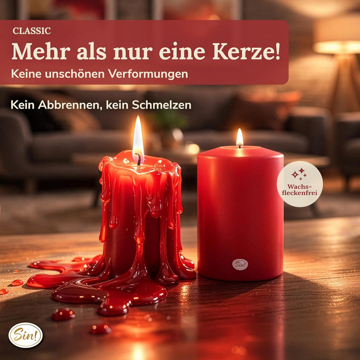 Sin!® 4er Set Teelichthalter & Dauerkerze Classic ROT ∅ 8cm H 9/12/15/18cm Seidenglanz - Die Kerze d