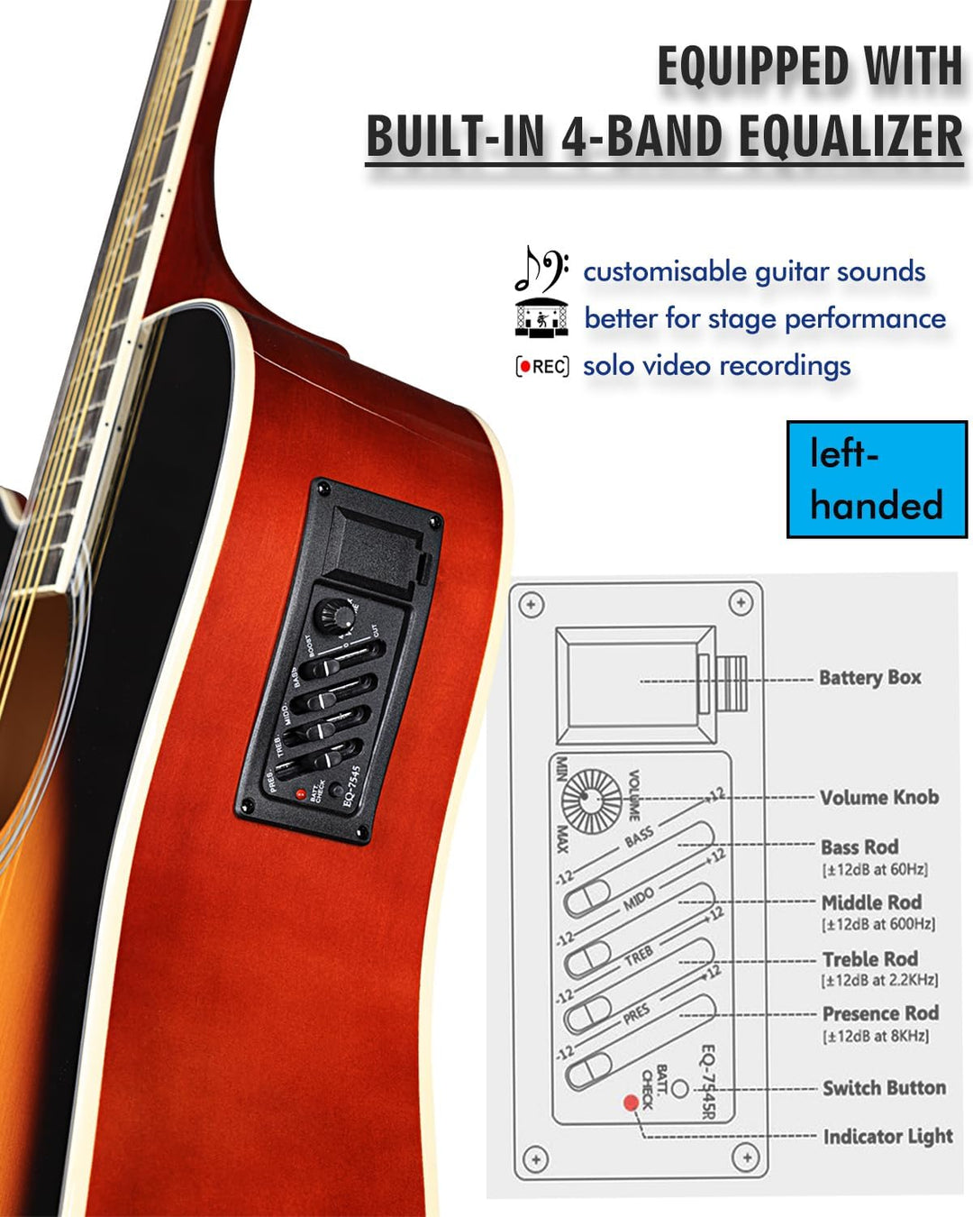 Winzz 4/4 Elektro-Akustische Gitarre, Linkshänder Westerngitarre Set Erwachsene Anfänger, Akustikgit