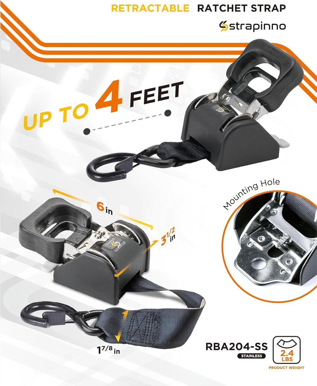STRAPINNO 2 Stück Edelstahl-Ratschengurte, einziehbar, je 4,2 x 1,2 m, Spanngurte zum Anschrauben –