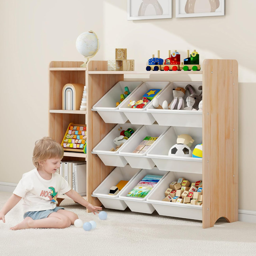 MALLBEST Bücherregal Kinder aus Massivholz – Kinderregal mit 4 Ebenen, 9 Aufbewahrungsboxen und 3 Fä