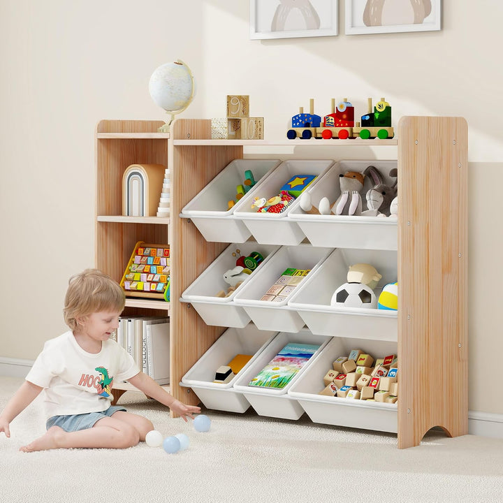 MALLBEST Bücherregal Kinder aus Massivholz – Kinderregal mit 4 Ebenen, 9 Aufbewahrungsboxen und 3 Fä