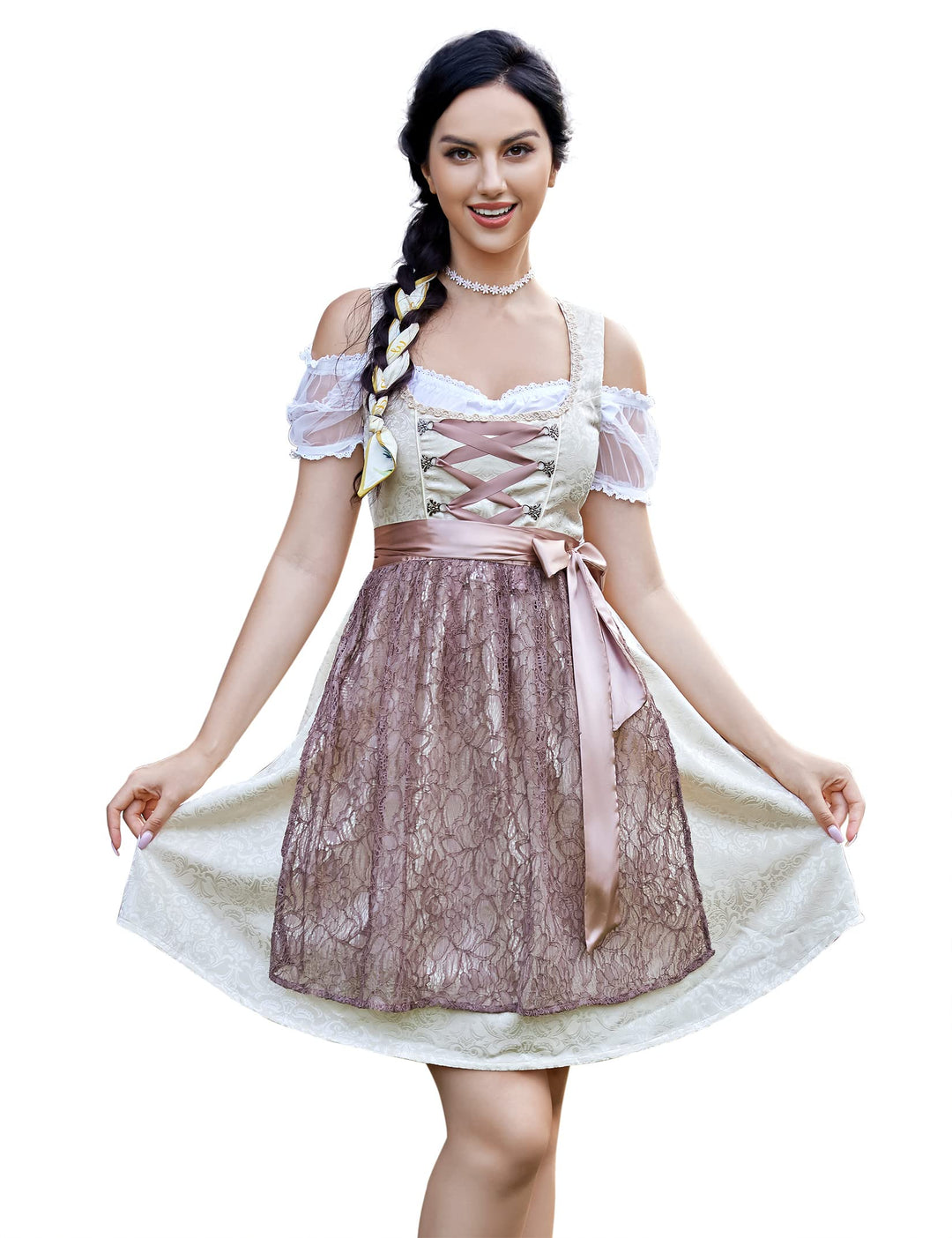 KOJOOIN Trachtenkleid Damen Dirndl Kurz Midi 3tlg. für Oktoberfest-Drei Teilig: Kleid, Bluse, Schürz