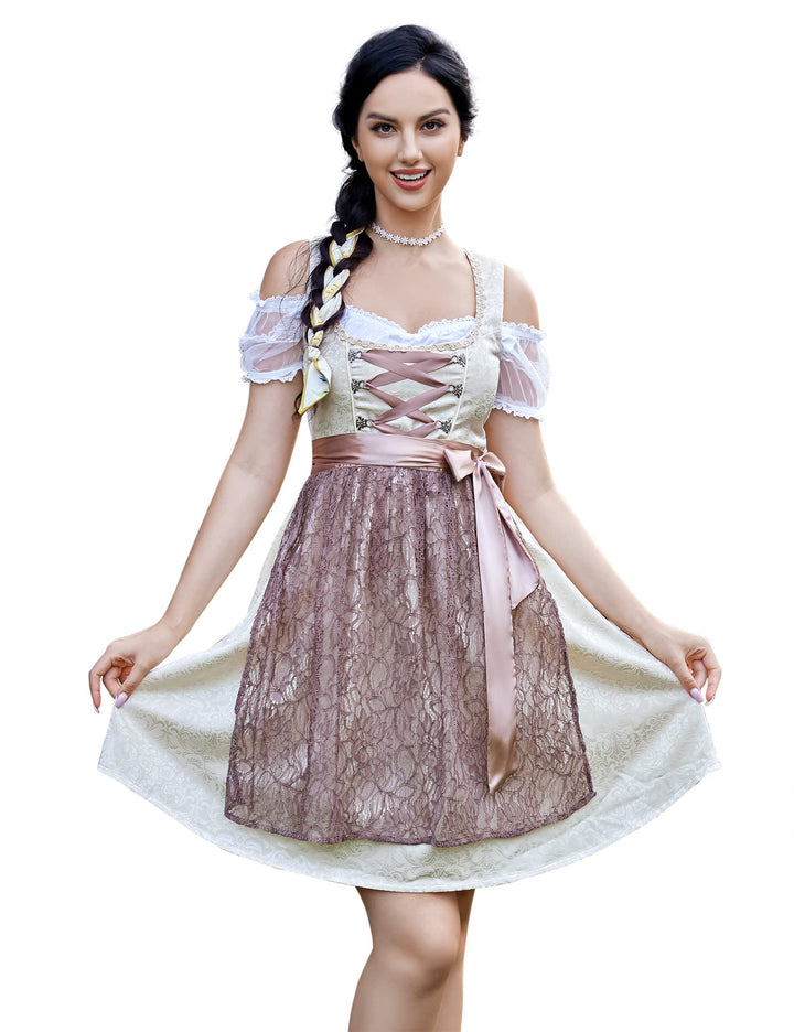 KOJOOIN Trachtenkleid Damen Dirndl Kurz Midi 3tlg. für Oktoberfest-Drei Teilig: Kleid, Bluse, Schürz