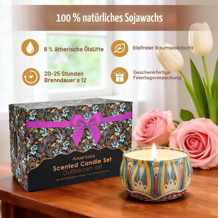 Duftkerzen Set 12 Düfte Kerzen brennen für 12-15 Stunden Duftkerze Set Natürliches Soum für Jahresta