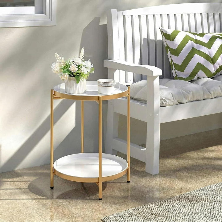 HollyHOME Runder Beistelltisch, 2 Ebenen Beistelltisch Metalltablett, Snacktisch, Couchtisch, Teetis