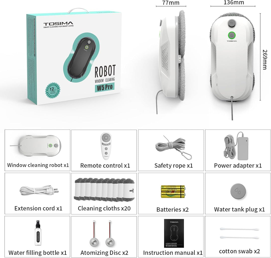 Tosima W5 6400 Pa Fensterputzroboter mit Sprühfunktion (Fernbedienung und 20-Zoll-Düsen)
