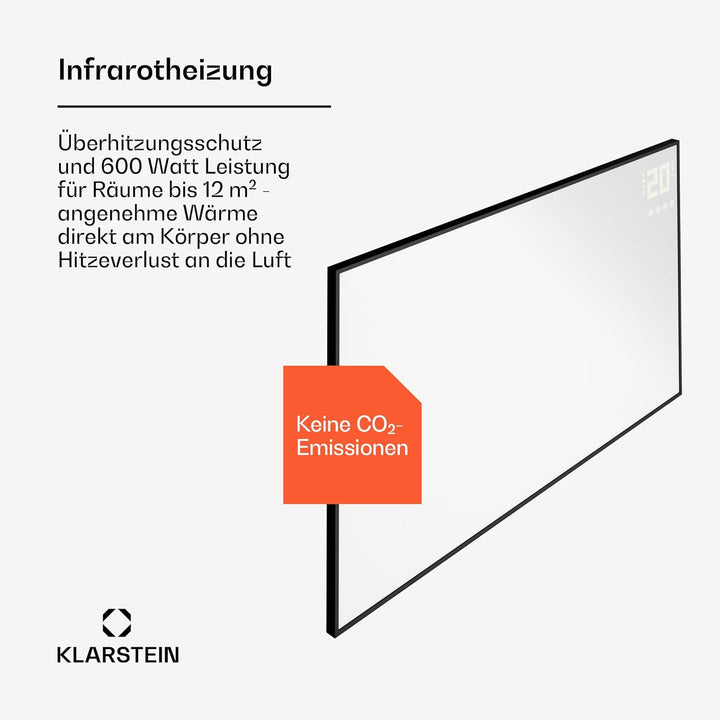 Klarstein Infrarotheizung mit Thermostat, 600W Elektroheizung, Smart Home Infrarotheizung zur Wandmo