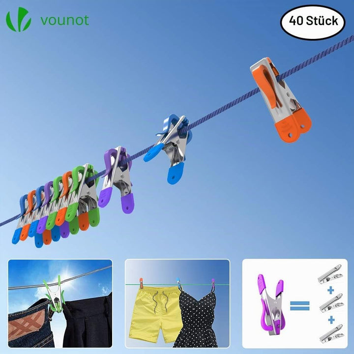 VOUNOT Wäscheklammern 40er Set, aus Edelstahl, mit Soft Grip und Haken, in 4 Farben, mit Wäscheklamm