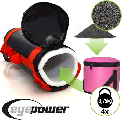 EYEPOWER 15kg Power Bag + 4 Kettlebell Gewichte - Befüllt mit Eisensand - Besser als Geräte: 6 Griff