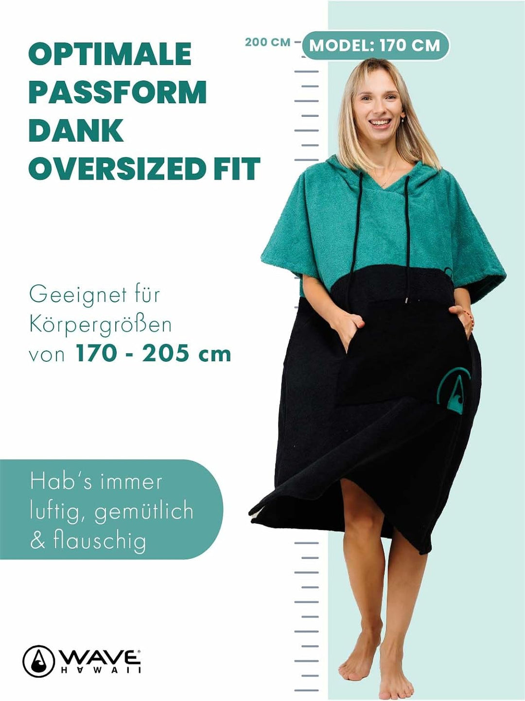 WAVE HAWAII Poncho Aveiro Surfponcho 100% Baumwolle für Körpergrössen von 170-200 cm Umkleidehilfe f