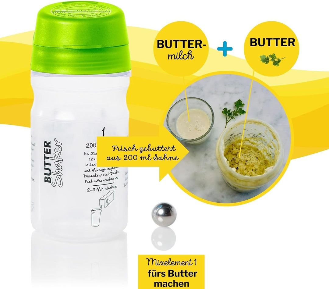 EINSTEIGER-SET für EINFACHES BUTTER MACHEN mit dem patentiertem Butter-Shaker (325ml) in GRUEN + kre
