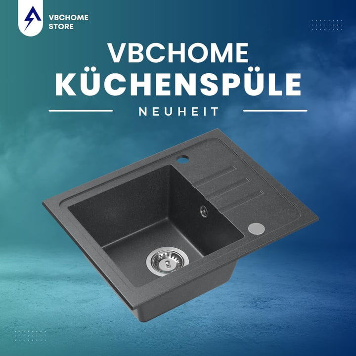 VBChome Spülbecken Granit Schwarz mit Armatur 55 x 44 cm Einzelbecken Einbauspüle Gesprenkelt Revers