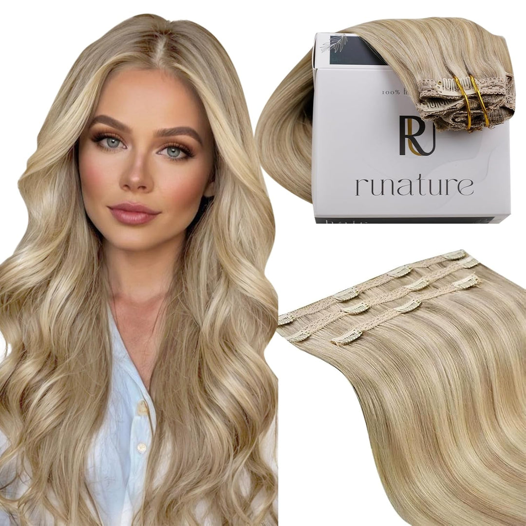 RUNATURE Clip in Extensions Echthaar Dunkel Aschblond mit Goldblond Clip in Haarextension Echthaar C