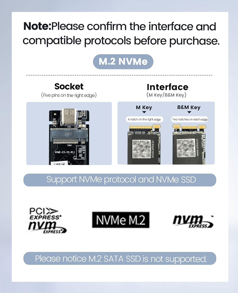 ORICO M.2 NVMe SSD Gehäuse 20 Gbps NVMe Case auf USB C 3.2 Gen2X2, Aluminium Externer Adapter für M2