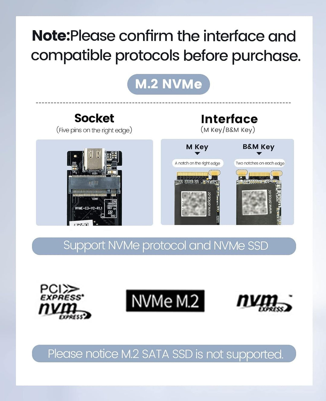 ORICO M.2 NVMe SSD Gehäuse auf USB-C PCIe Adapter 10 Gbps USB3.2 Gen2 für NVMe M-Key/M+B Key SSD 223