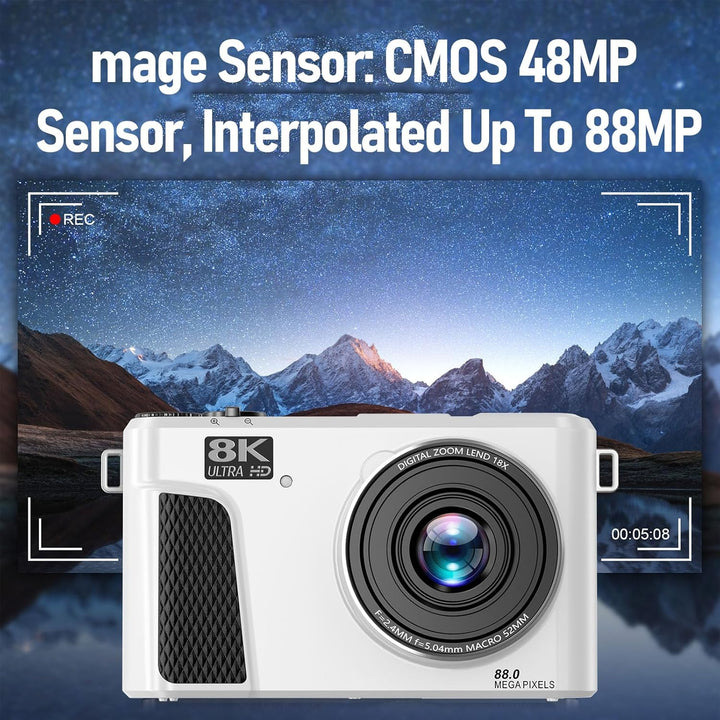 8K Digitalkamera für Fotografie, WiFi 88MP Vlogging -Kameras mit 3 "180 ° Flip -Bildschirm, Autofoku