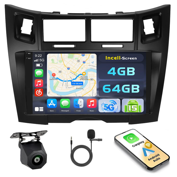 Hikity Android 15 4+64G Autoradio für Toyota Yaris/Vitz 2005-2011 mit 9 Zoll Incell Touchscreen, Aut