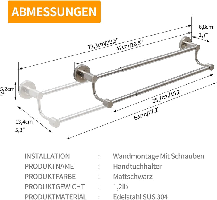 BESy Ausziehbarer Handtuchhalter für die Wand, 40–70 cm (16 – 28 inch), Doppelte Handtuchstange aus