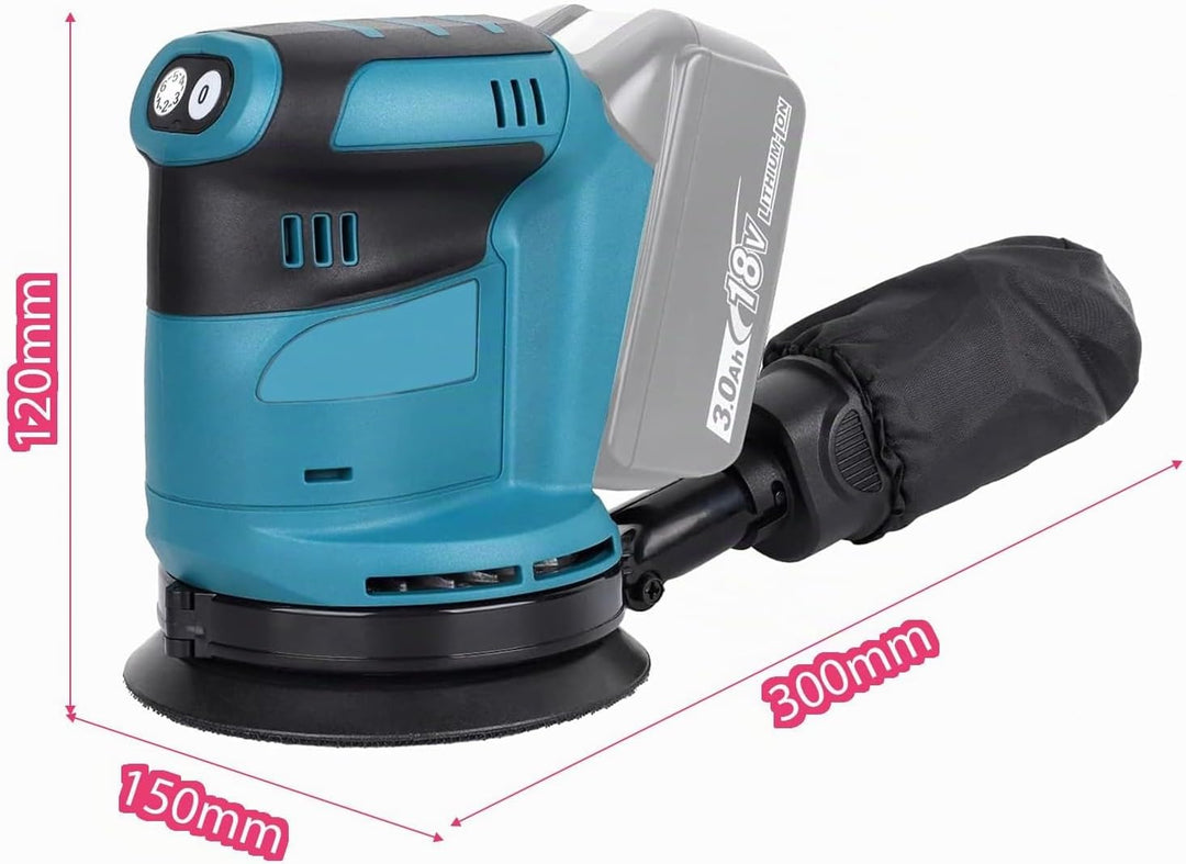 Akku-Exzenterschleifer mit 2 3000mAh, 125mm Exzenterschleifer Akku 18v Ersatz für Makita DBO180Z, 15