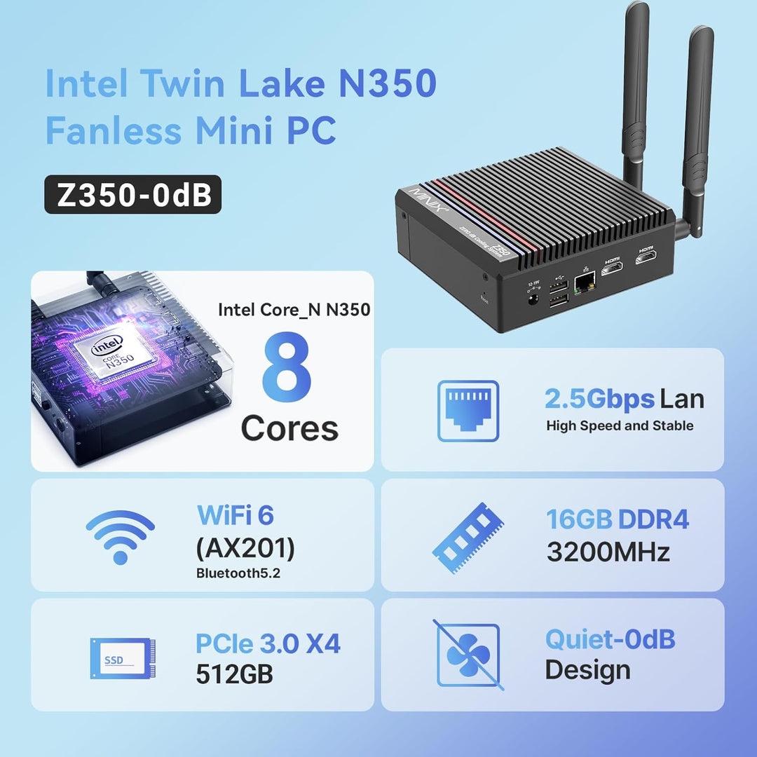 MINIX Fanless Mini PC Windows 11 Pro, Intel i3-N350, NEO Z350-0dB 16GB DDR4 512GB M.2 PCIe Gen3 x 4