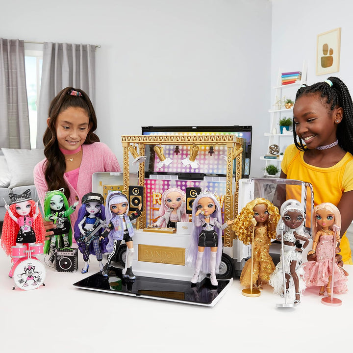 Rainbow High Rainbow Vision World Tour Bus &amp; Bühne - 4-in-1-Deluxe-Spielset mit Lichtern — Inklusive
