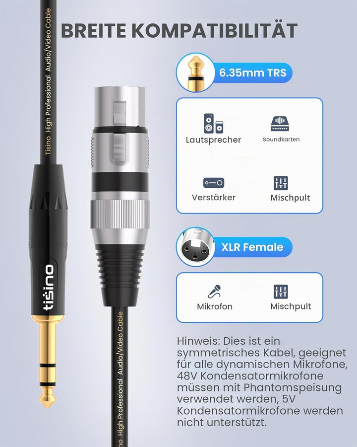 Tisino XLR auf Klinke 6,3, (2M) XLR-Buchse auf 6,3 mm Klinken Stereo Mikrofonkabel Symmetrisches Sig