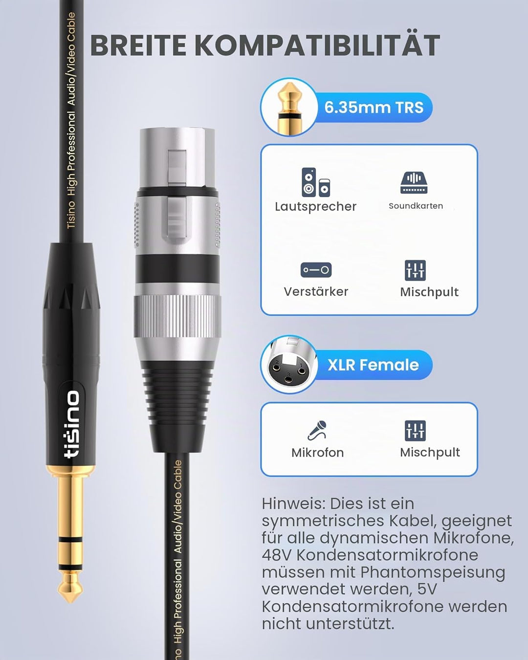 Tisino XLR auf Klinke 6,3, (5M) XLR-Buchse auf 6,3 mm Klinken Stereo Mikrofonkabel Symmetrisches Sig