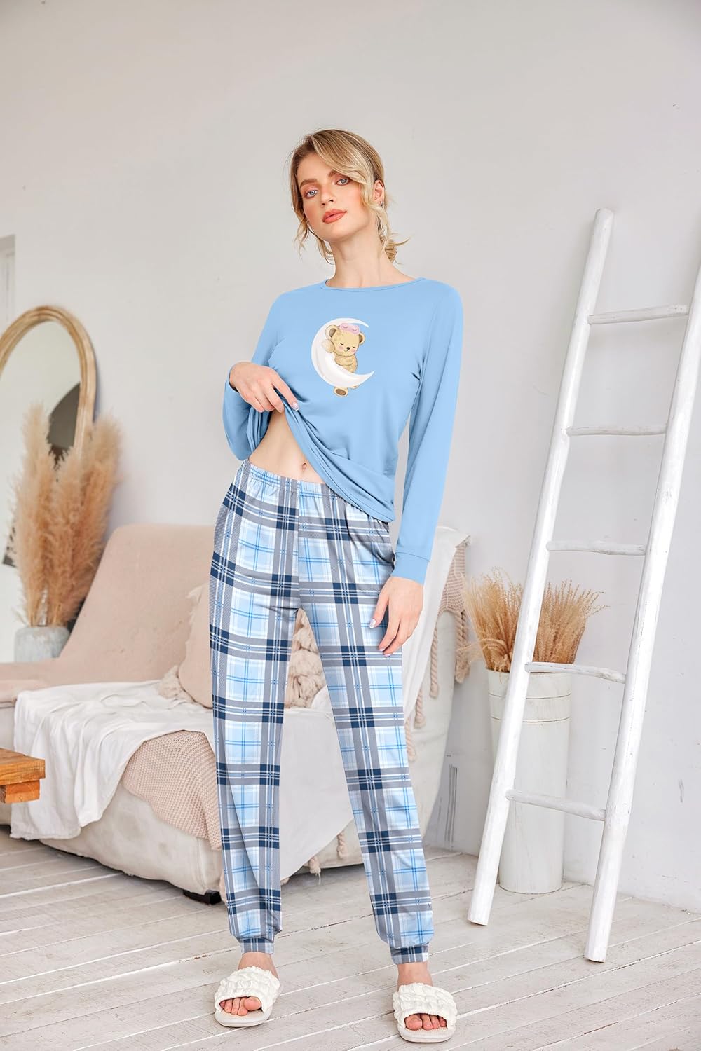 Ekouaer Schlafanzug Damen Lang Kuschelig Pyjama Set mit Bündchen Kariert Pyjamahose mit Tasche Blaue