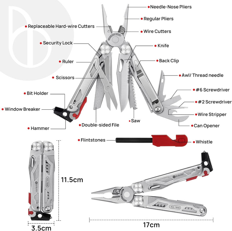 BIBURY Multifunktionale Zange mit Feuerstein & Fensterbrecher, Faltbares Multitools für Männer Ideen