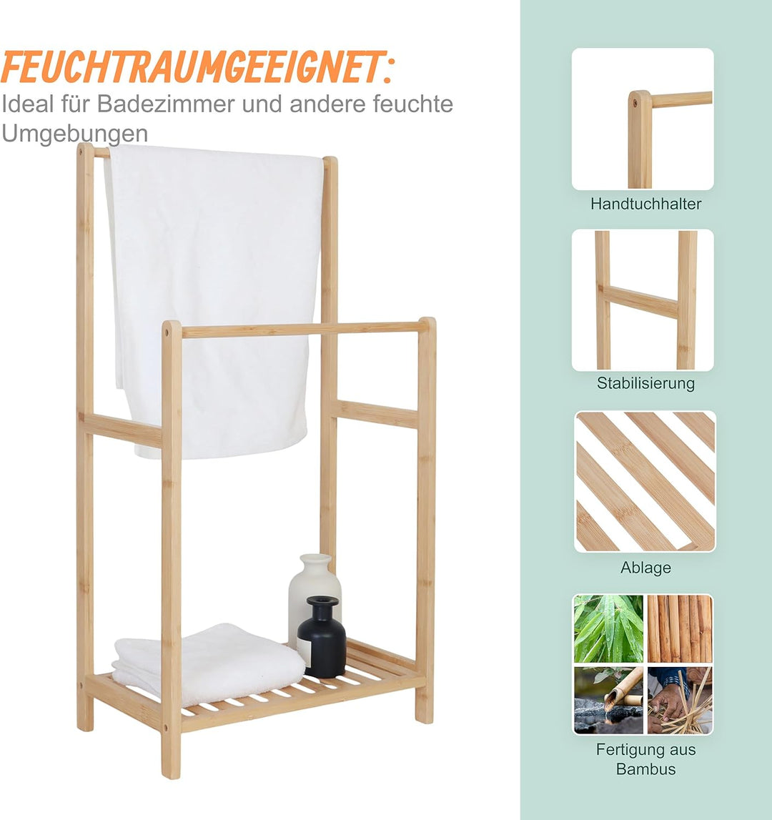 Relaxdays Handtuchständer Bambus, 2 Stangen, mit Ablage, HBT: 77,5 x 42 x 24 cm, freistehend, Duscht
