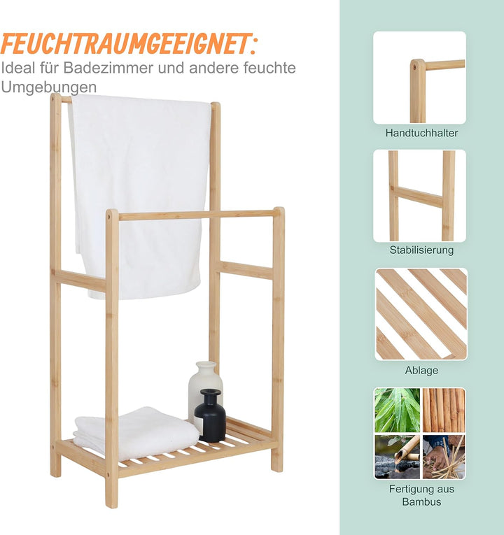 Relaxdays Handtuchständer Bambus, 2 Stangen, mit Ablage, HBT: 77,5 x 42 x 24 cm, freistehend, Duscht