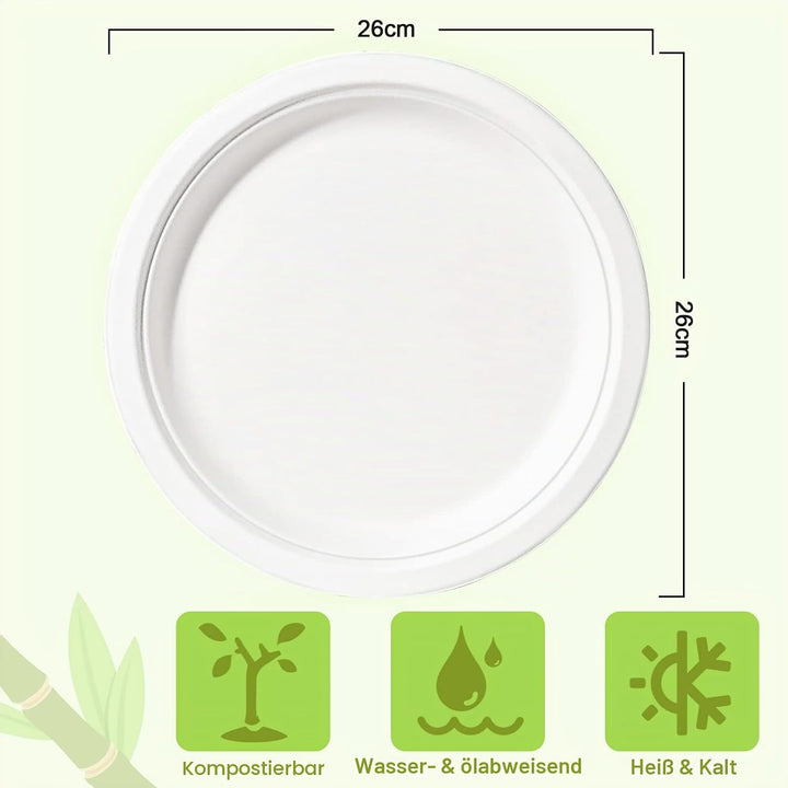 GREENESAGE Einwegteller 150 Stück Pappteller 26CM Weiss Rund Einweggeschirr Gross Einmalteller Zucke
