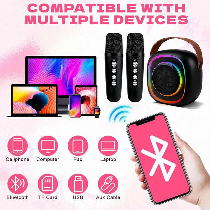 Karaoke Maschine Kinder mit 2 Karaoke Mikrofon Kinde Mini Tragbares Bluetooth Lautsprecher mit Stimm