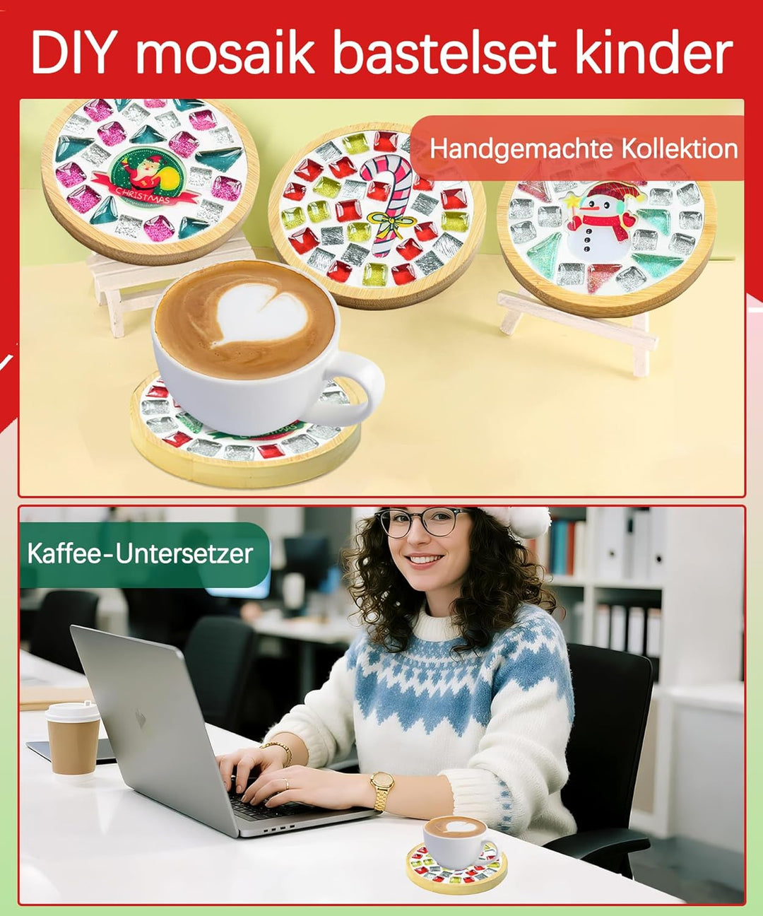 Finsink Mosaik bastelset kinder 4pcs Weihnachten Mosaik Untersetzer Bastelset DIY Holz Untersetzer S