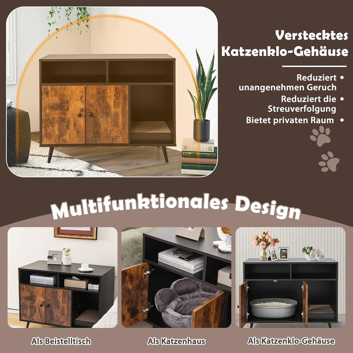 COSTWAY Katzenschrank für Katzentoilette, Katzenklo Schrank mit Kratzbrett, Doppeltüren, 2 offenen F