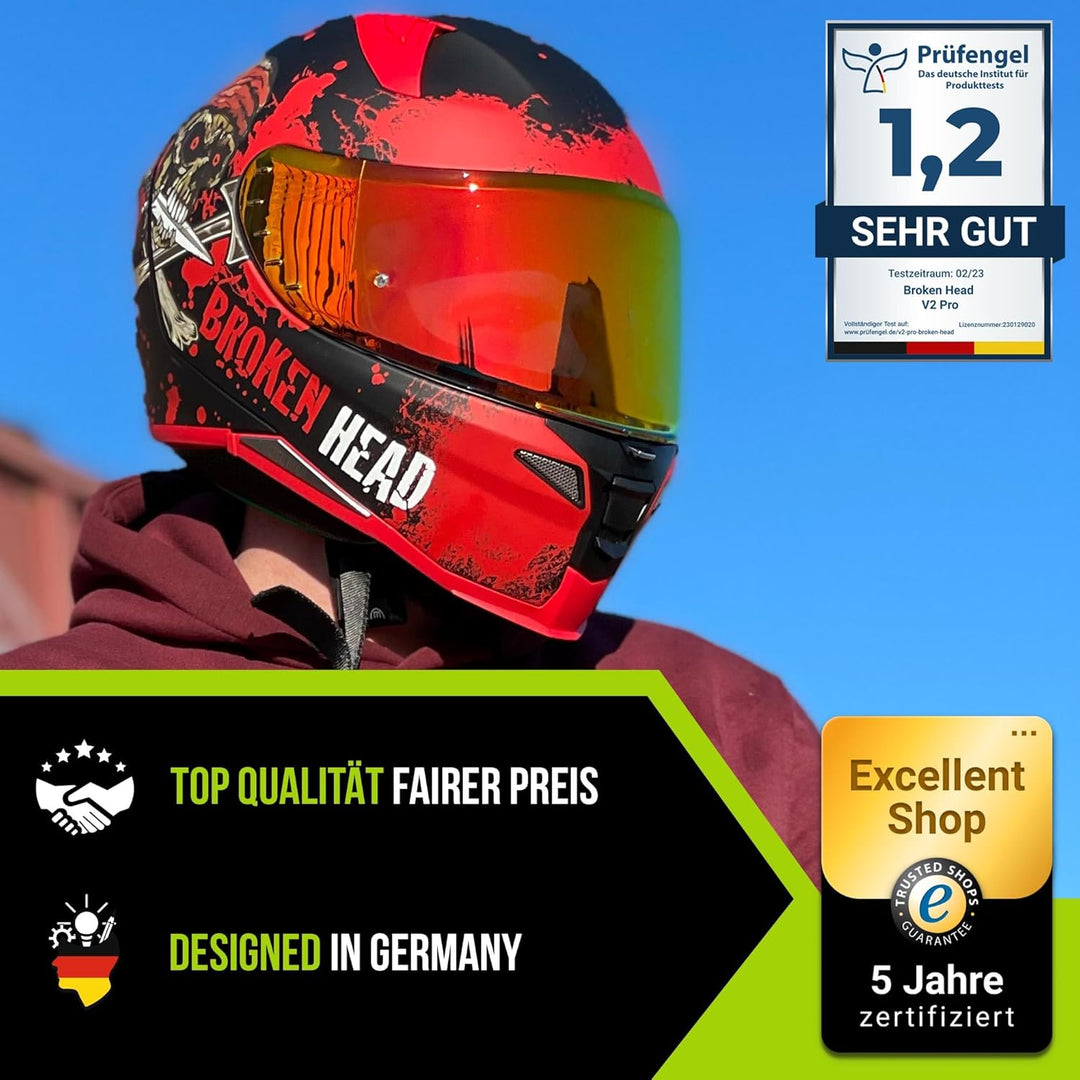 Broken Head Sportlicher Integralhelm Mit 2 Visieren (Klar + Verspiegelt) - Motorradhelm - Fullface J