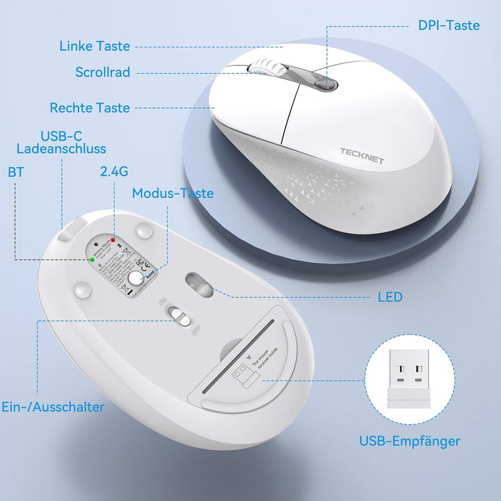 TECKNET Classic Kabellose Maus, Silent Bluetooth Maus (Tri-Modus BT5.2/3.0+2.4G), Wiederaufladbar Er