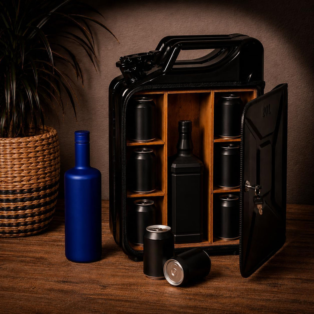 20L Kanister Bar inkl. 3 Whisky Gläser- Jerrycan 4 Herausnehmbaren Fächern schwarzer Metall Mobile B