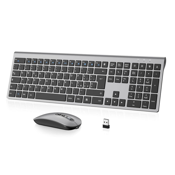 cimetech Kabellose Tastatur und Maus, kabellos, wiederaufladbar, 2,4 G, italienisches QWERTY-Layout,