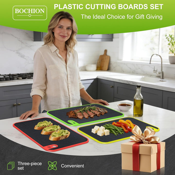 Schneidebrett 3er Set, Schneidebretter Kunststoff Gross, Küchenbrett Rutschfest mit Saftrille & Knob