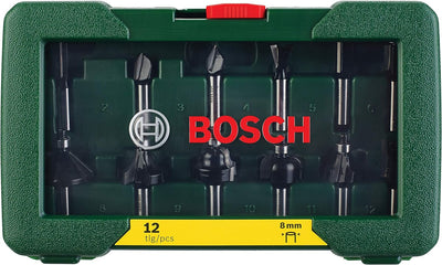 Bosch 12tlg. Hartmetall Fräser Set (für Holz, Ø-Schaft 8 mm, Zubehör Oberfräse) 12 tlg. 8mm-Schaft