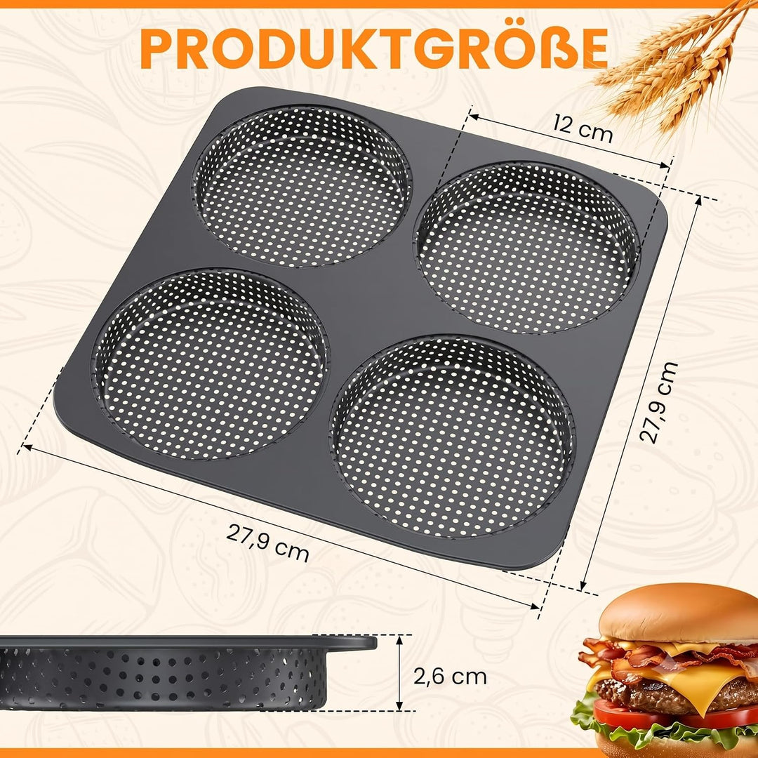 Burger Buns Backform, Perforierte Backform für 4 Burger Buns aus Karbonstahl, Brötchenblech Hitzebes