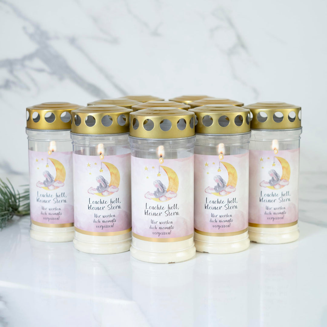 10er Set HOFER GRABKERZEN 4 Tage Brenndauer - Das Original [Sternenkind rosa] Trauerkerzen mit Decke
