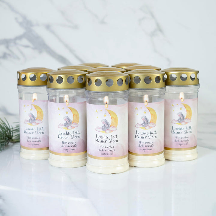 10er Set HOFER GRABKERZEN 4 Tage Brenndauer - Das Original [Sternenkind rosa] Trauerkerzen mit Decke
