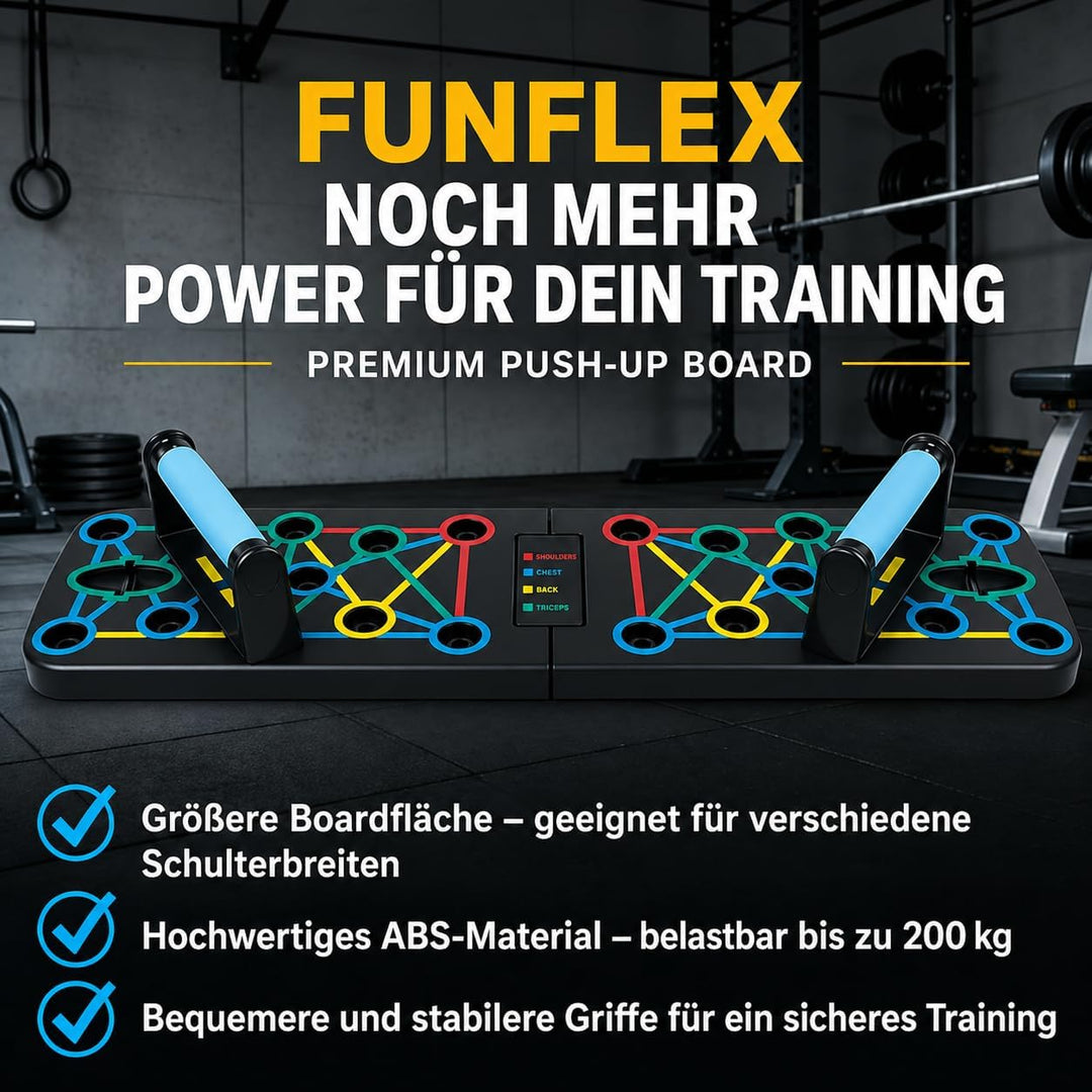 FUNFLEX Liegestützbrett 17-in-1 Push-Up Board – Faltbares Trainingsboard mit Griffen & Widerstandsbä