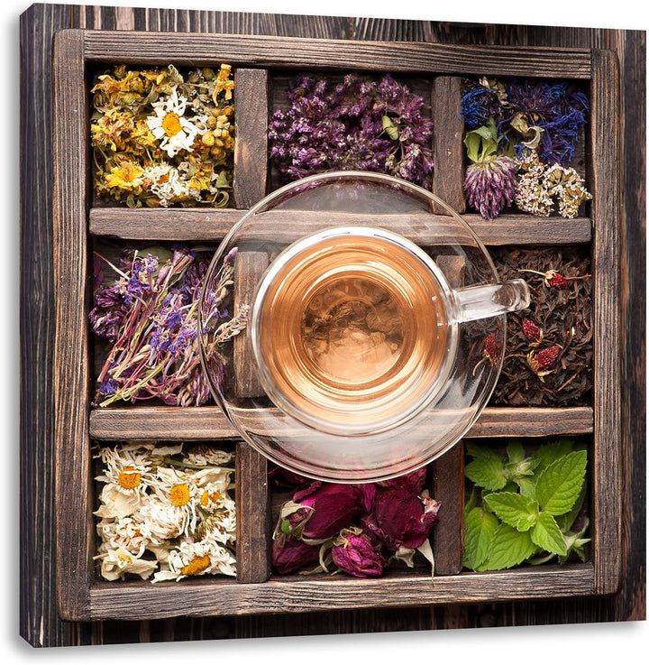 Pixxprint getrocknete Blumen in rustikalem Setzkästchen, Format: 70x70 auf Leinwand, 70x70