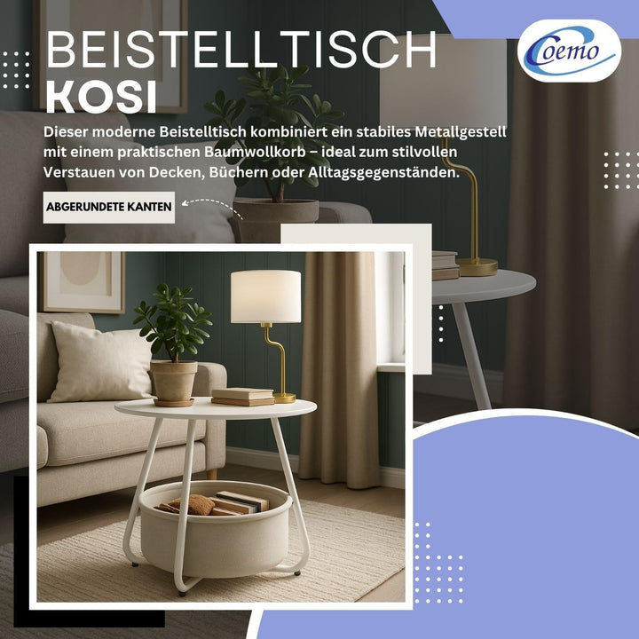 Coemo Couchtisch KOSI Weiss aus Metall Ø 45 x 45 cm mit Aufbewahrungskorb Canvas, Beistelltisch rund