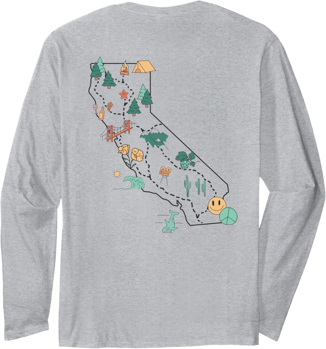 Trendy California Landmarks Icon Map & Text Front & Back Langarmshirt