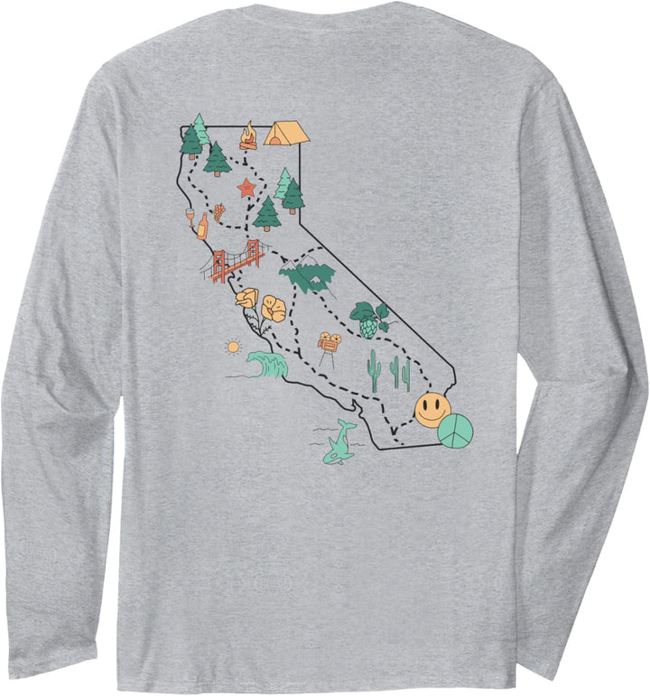 Trendy California Landmarks Icon Map & Text Front & Back Langarmshirt